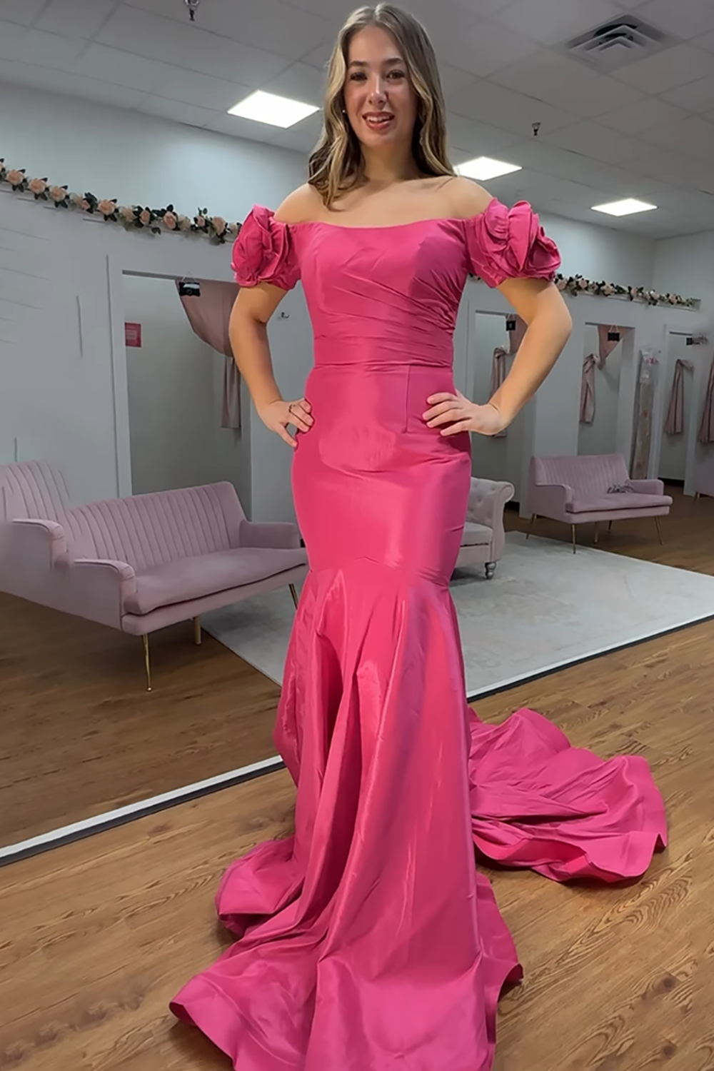 Fuchsia Off the Shoulder Mermaid Floral Long Prom Dress