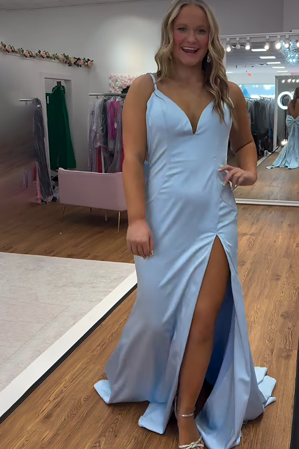 Sparkly Fuchsia V-Neck Mermaid Long Prom Dress with Bow