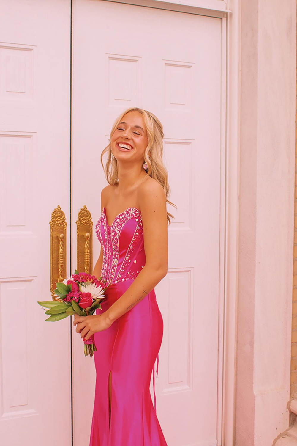 Sparkly Fuchsia Mermaid Corset Long Prom Dress with Rhinestones