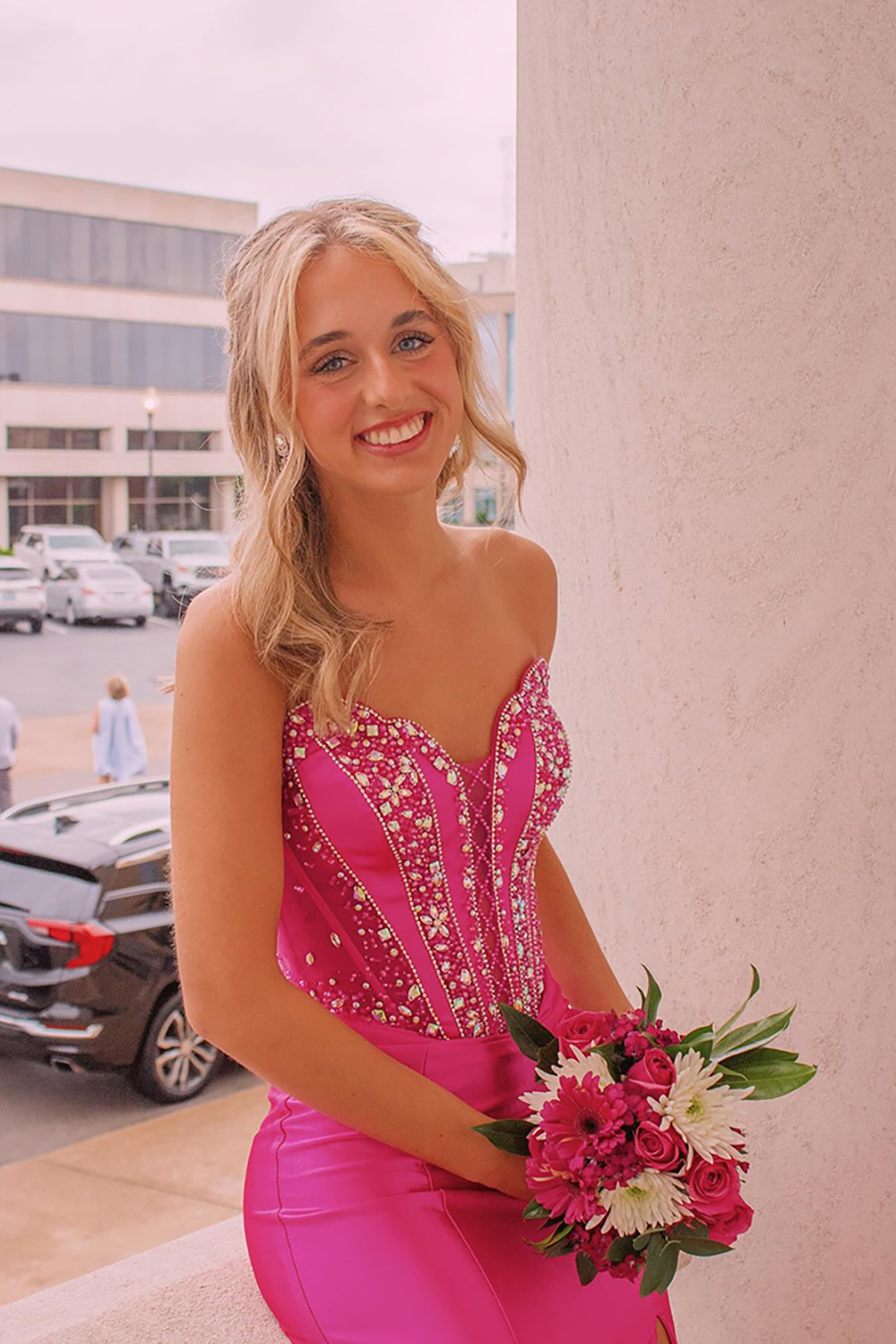 Sparkly Fuchsia Mermaid Corset Long Prom Dress with Rhinestones