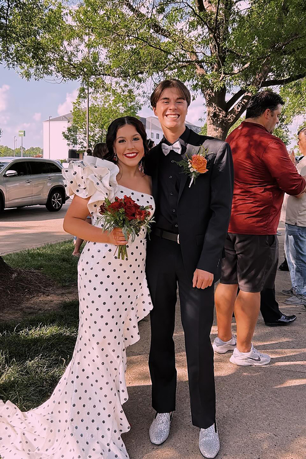 One Shoulder White Ruffled Polka Dots Mermaid Long Prom Dress with Slit