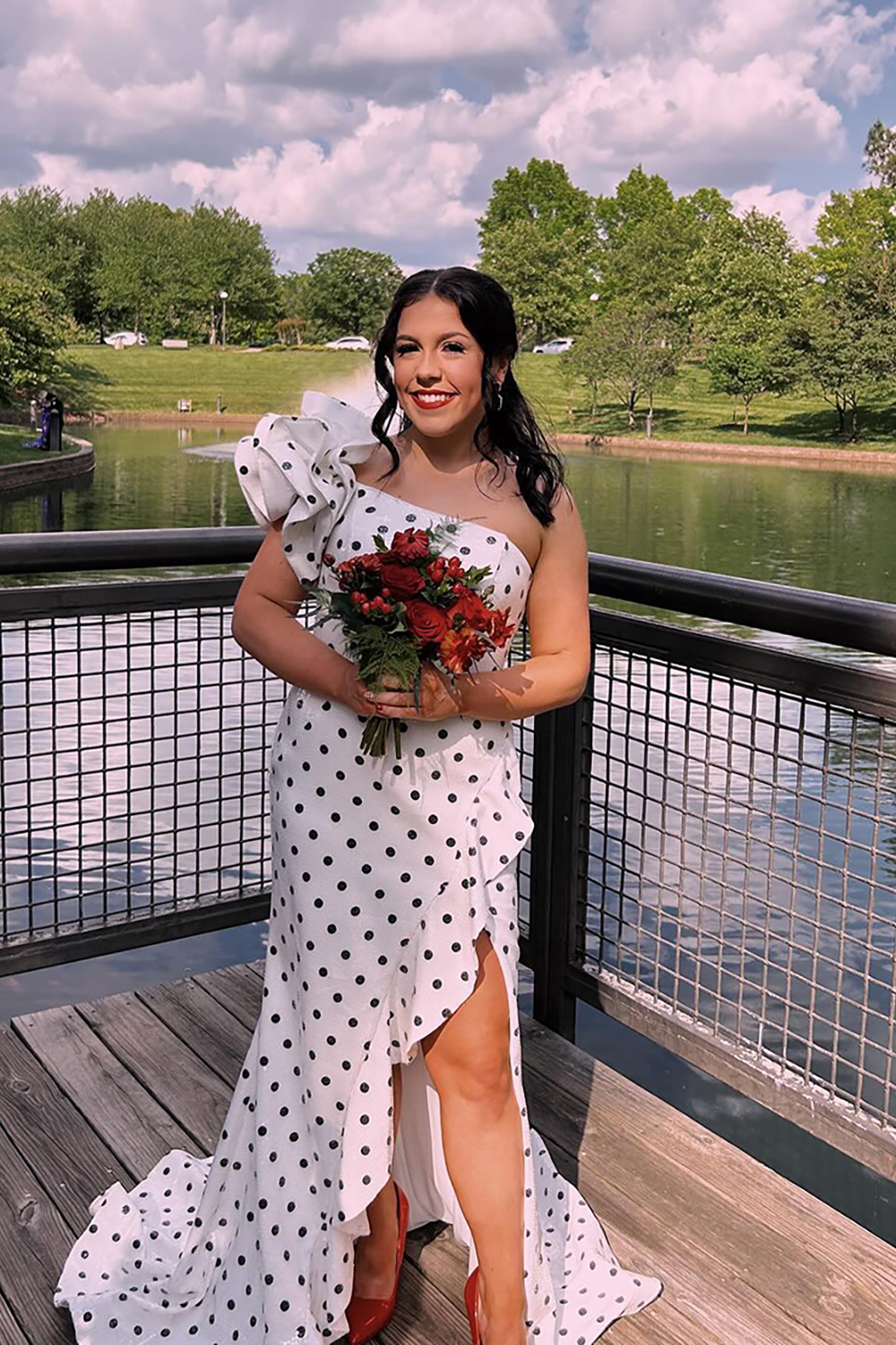 One Shoulder White Ruffled Polka Dots Mermaid Long Prom Dress with Slit