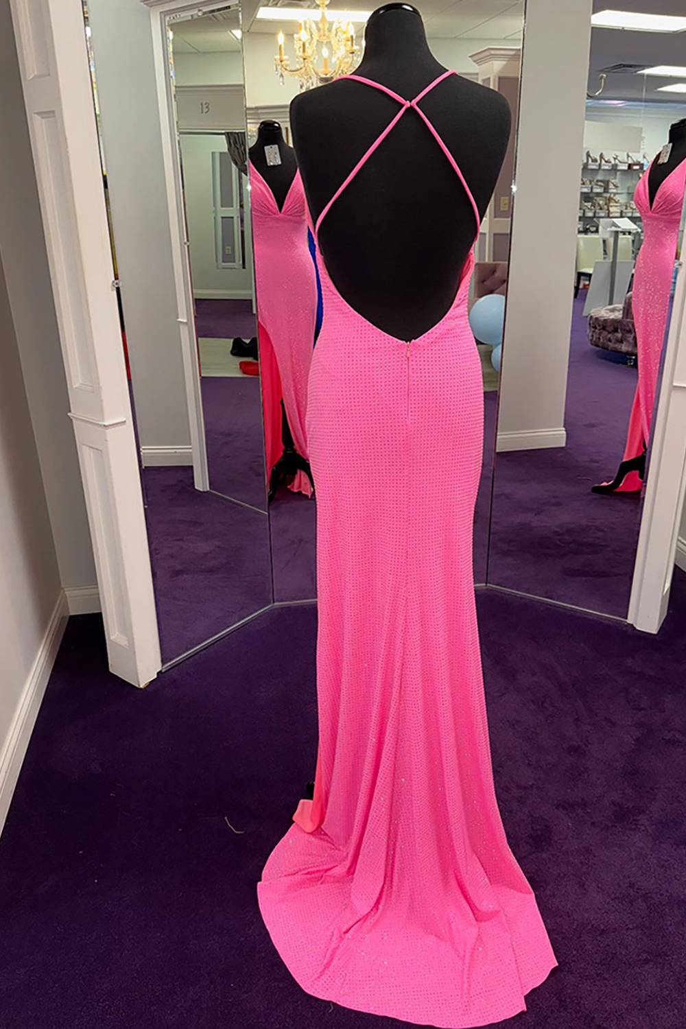 Sparkly Pink V-Neck Mermaid Beaded Long Prom Dress with Slit
