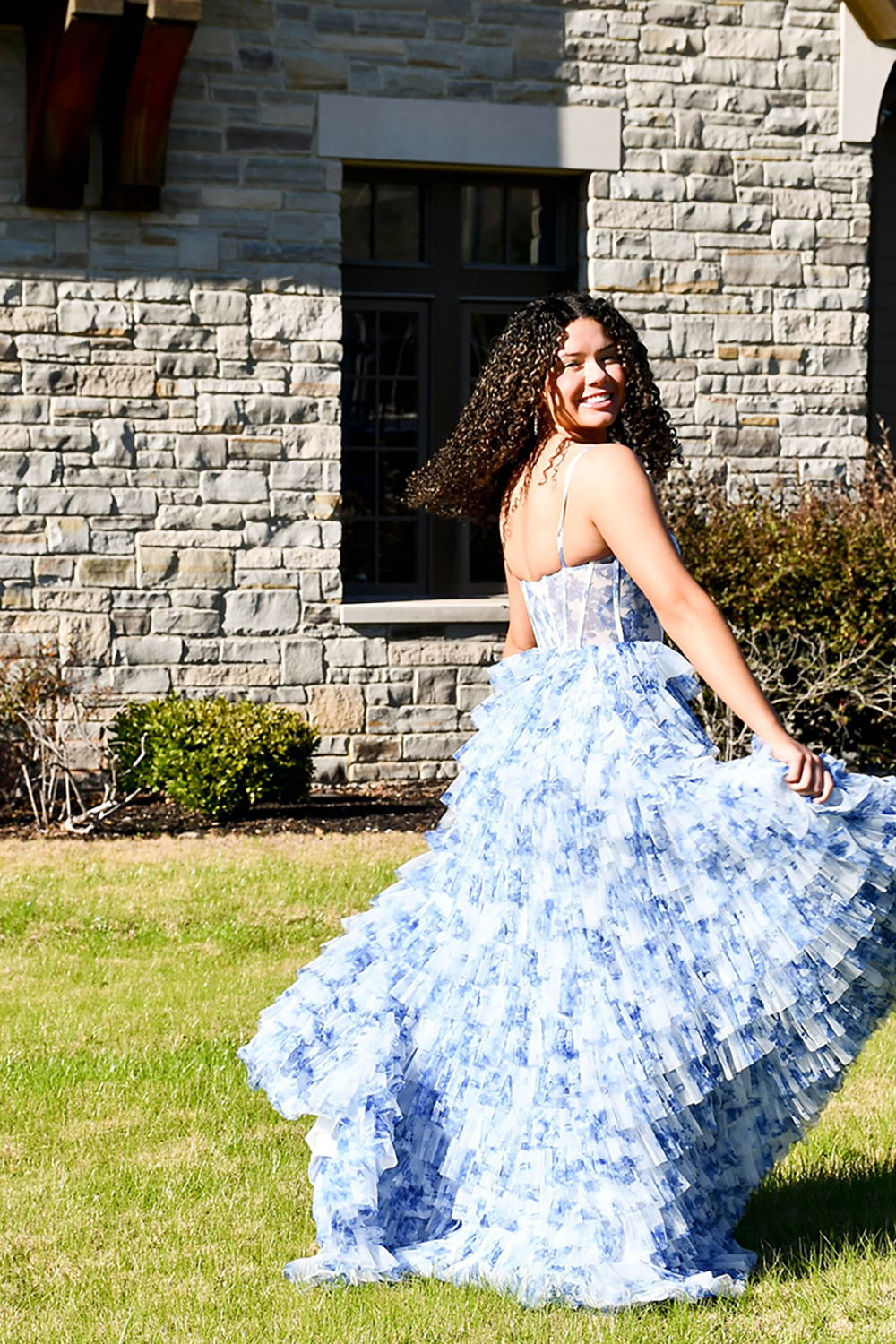 White Blue Flower Ball Gown Corset Ruffled Long Prom Dress with Slit