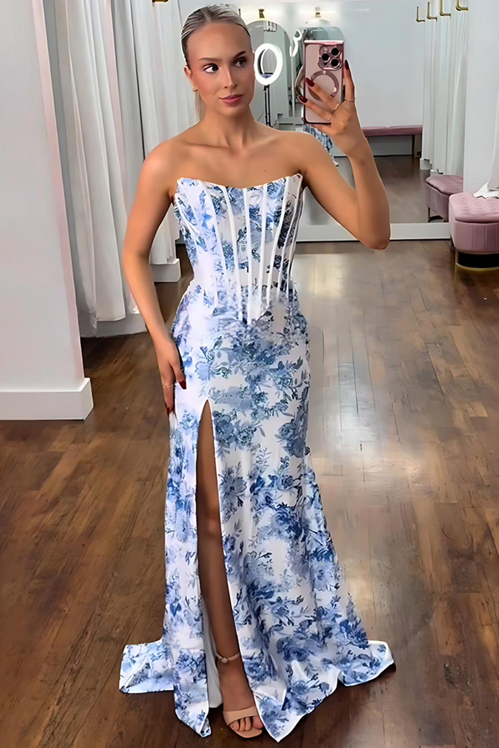 Floral White Blue Strapless Mermaid Long Corset Prom Dress with Slit