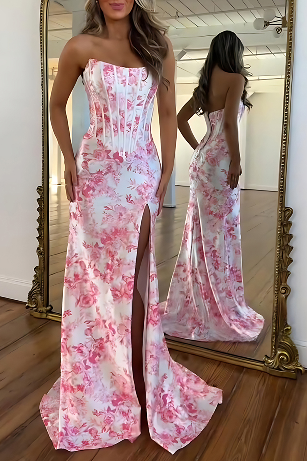 Floral White Blue Strapless Mermaid Long Corset Prom Dress with Slit