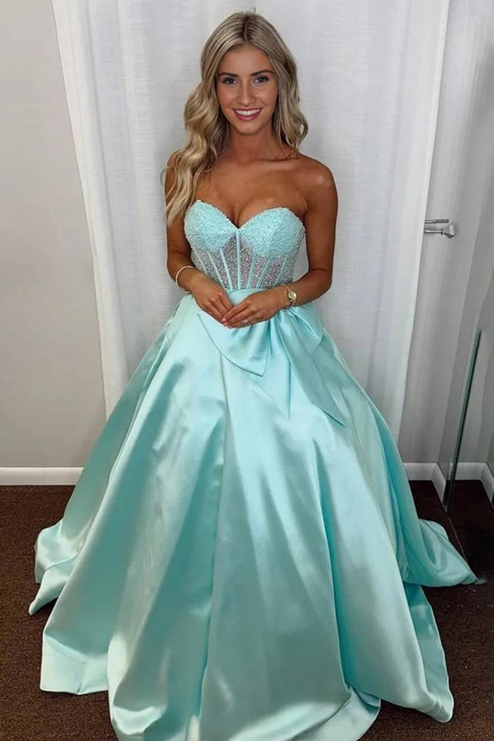 Sparkly Purple A Line Beaded Sweetheart Long Corset Prom Dress with Bow