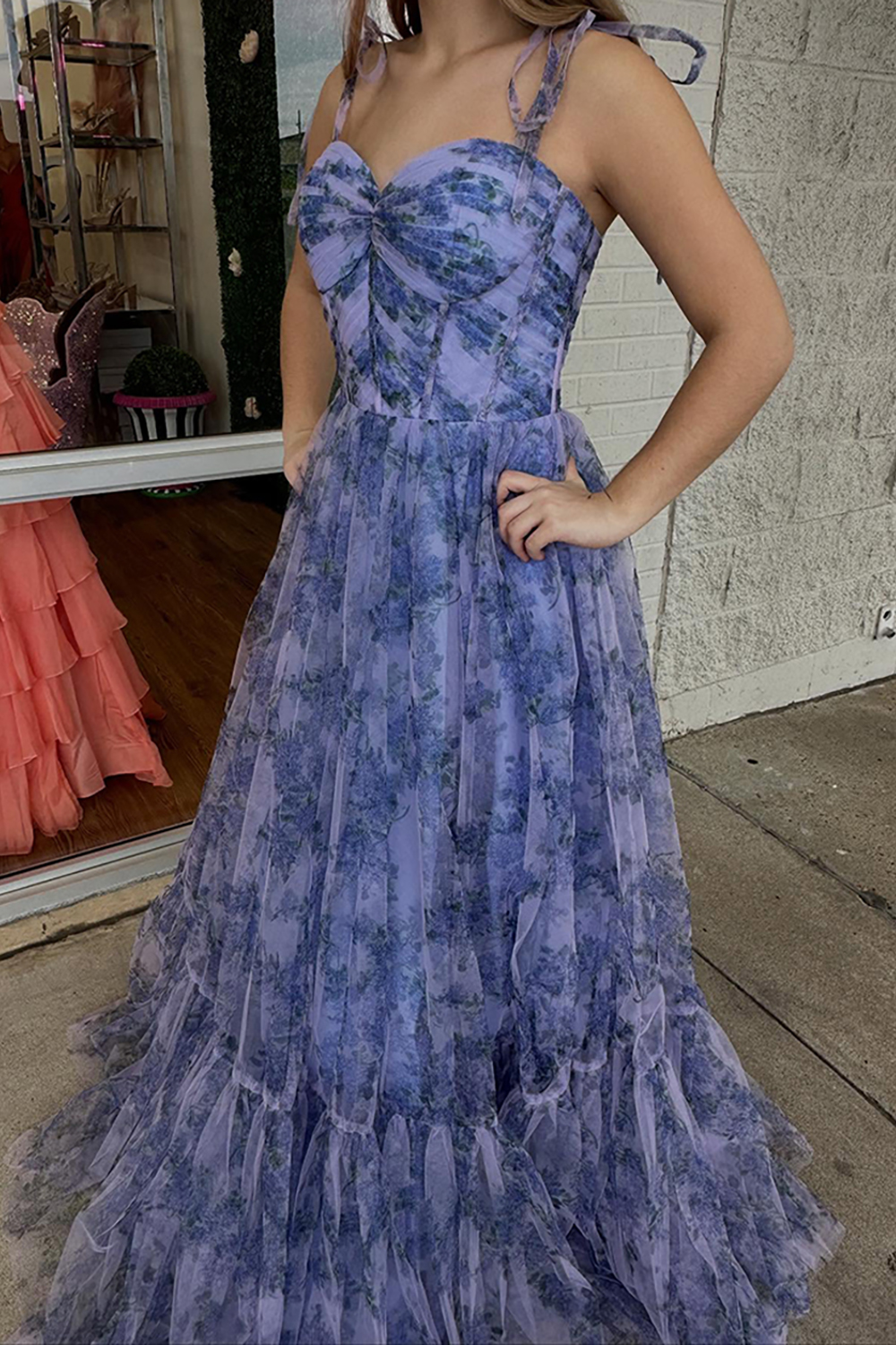 Grey Blue Floral A Line Corset Spaghetti Straps Long Prom Dress