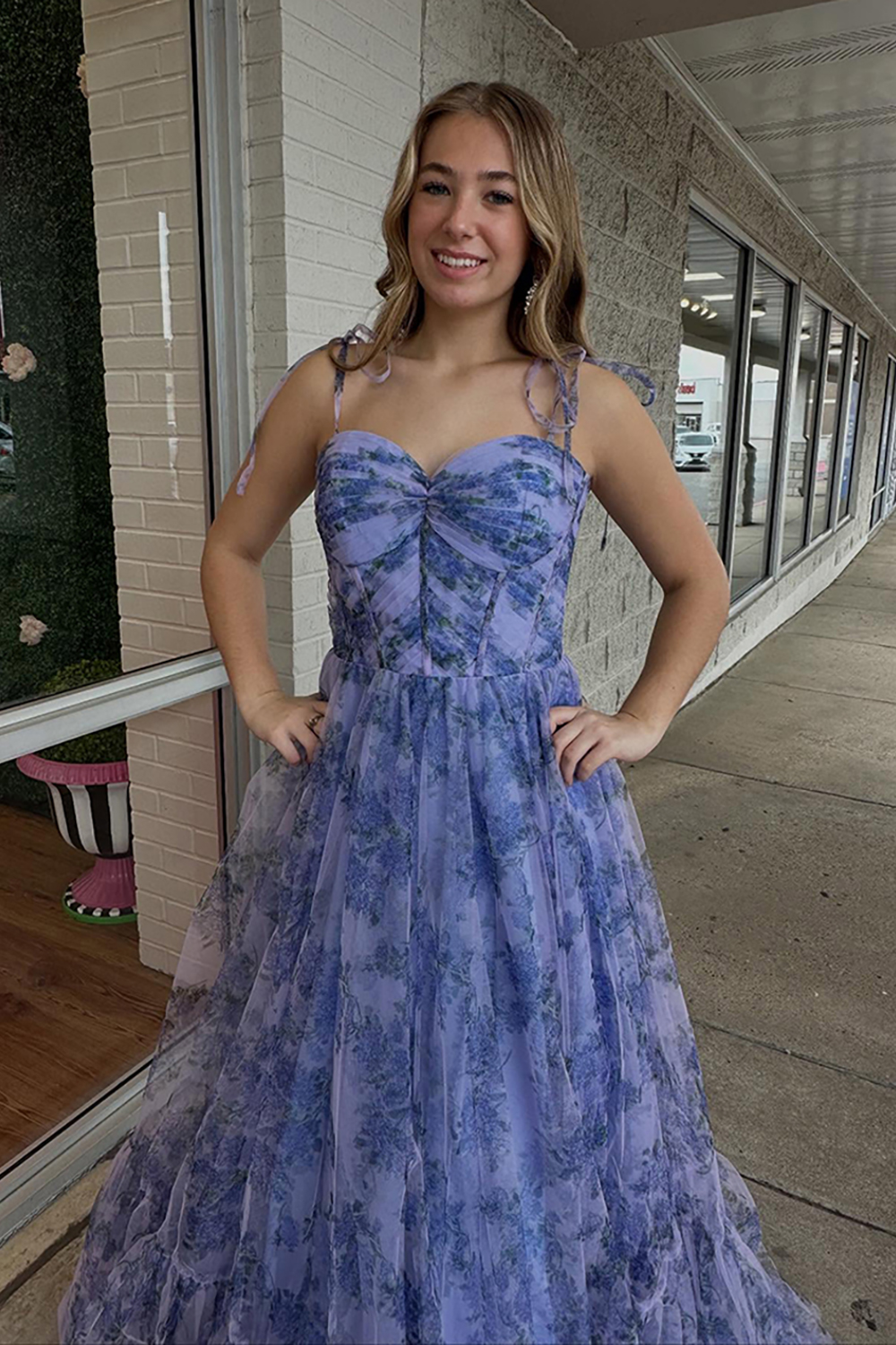 Grey Blue Floral A Line Corset Spaghetti Straps Long Prom Dress