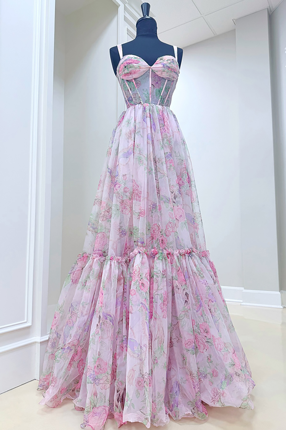 Grey Blue Floral A Line Corset Spaghetti Straps Long Prom Dress