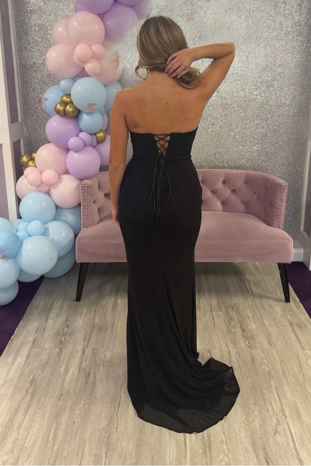 Sparkly Black Mermaid Strapless Beaded Long Prom Dress with Slit