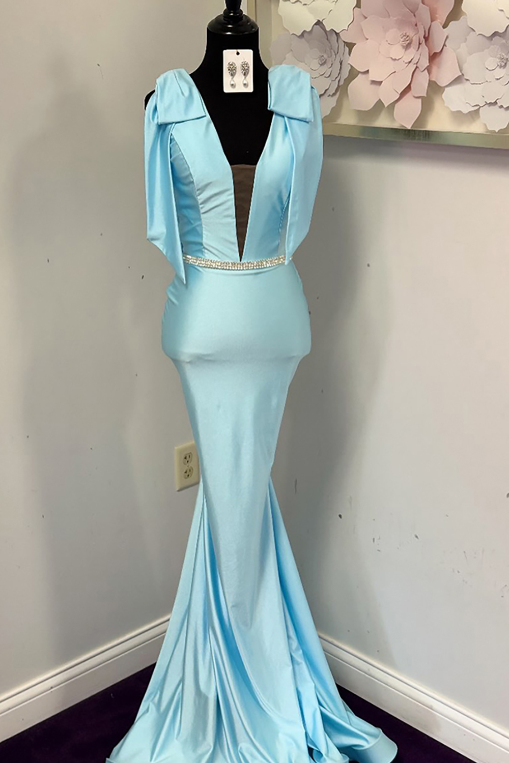 Sparkly Light Blue V-Neck Mermaid Long Prom Dress with Bow