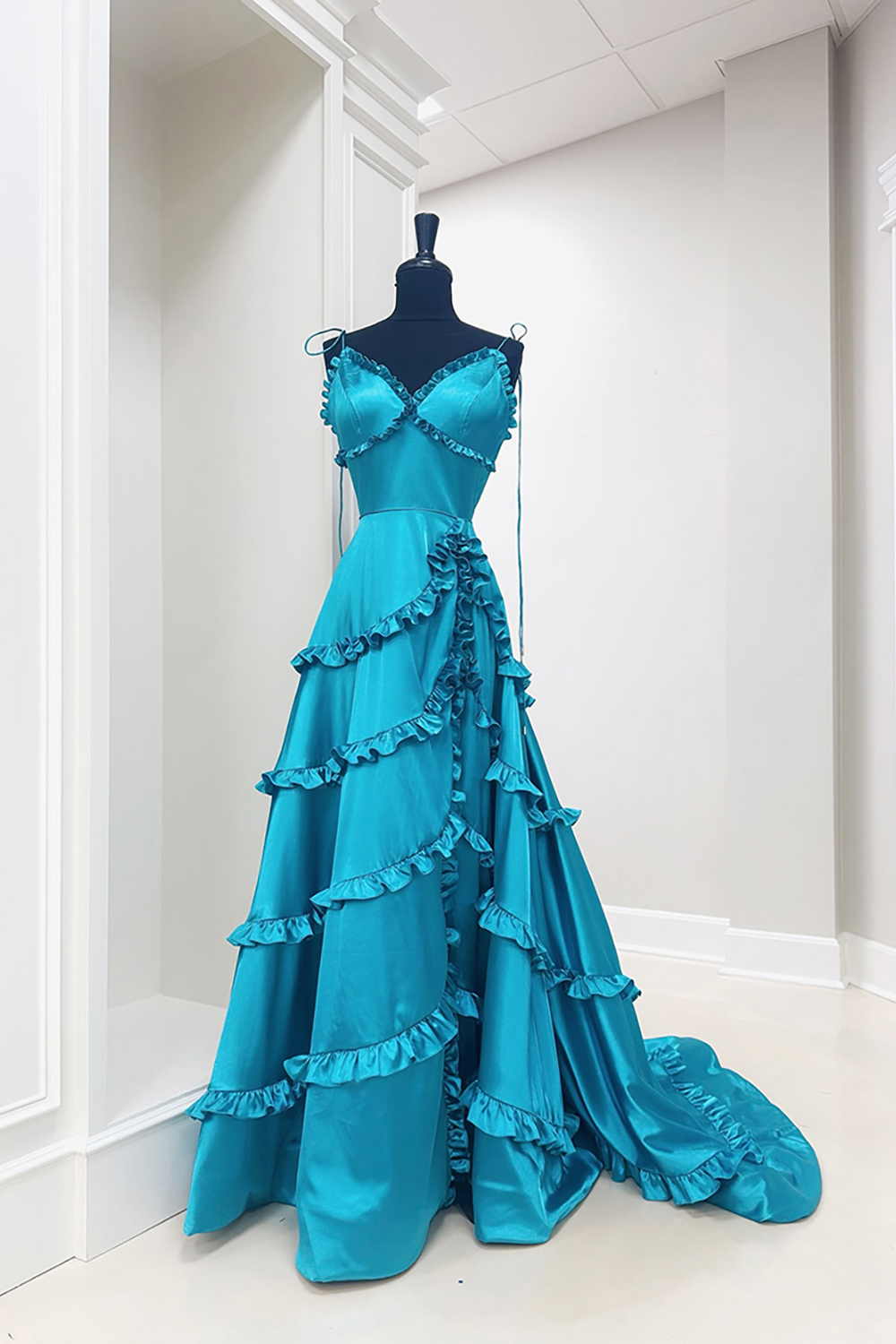 Peacock Blue V-Neck Tiered Long Prom Dress with Ruffles