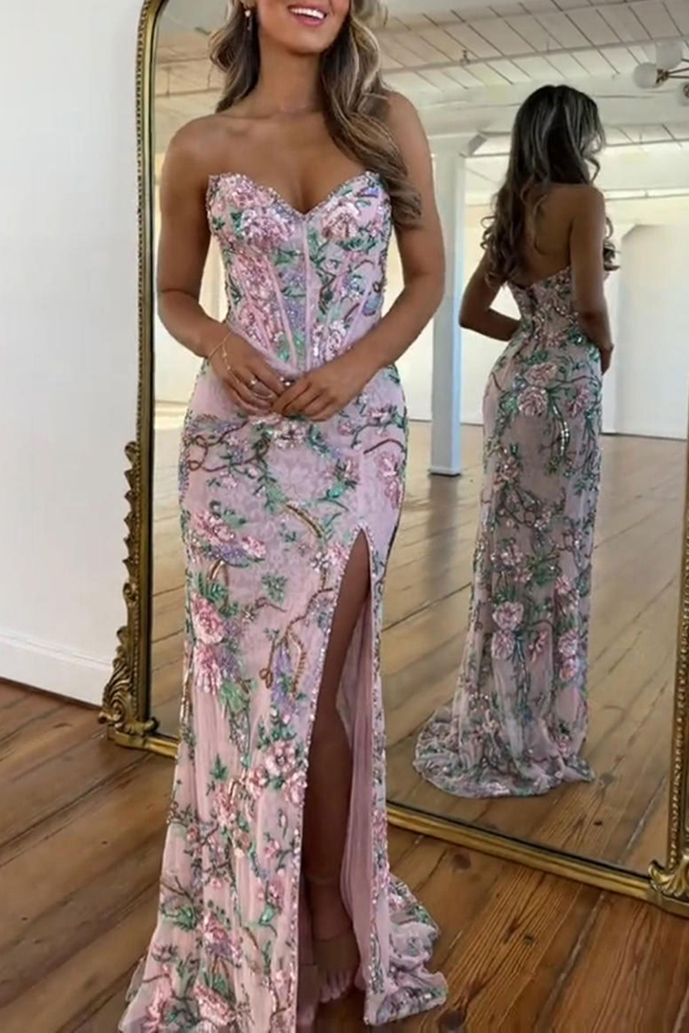Floral Pink Sheath Sweetheart Long Corset Prom Dress with Slit
