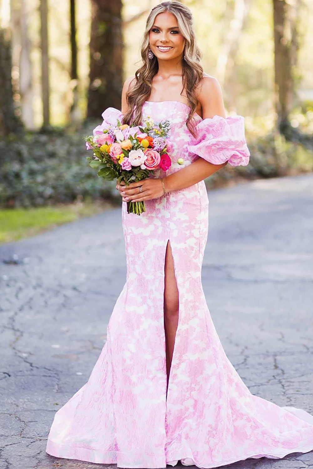 Pink Flower Mermaid Corset Off the Shoulder Long Prom Dress with Slit