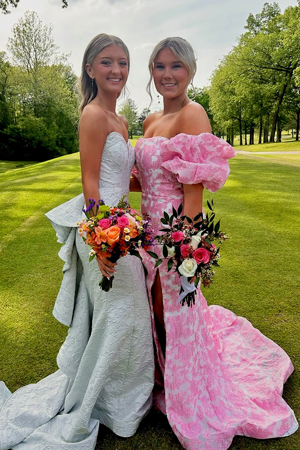 Pink Flower Mermaid Corset Off the Shoulder Long Prom Dress with Slit