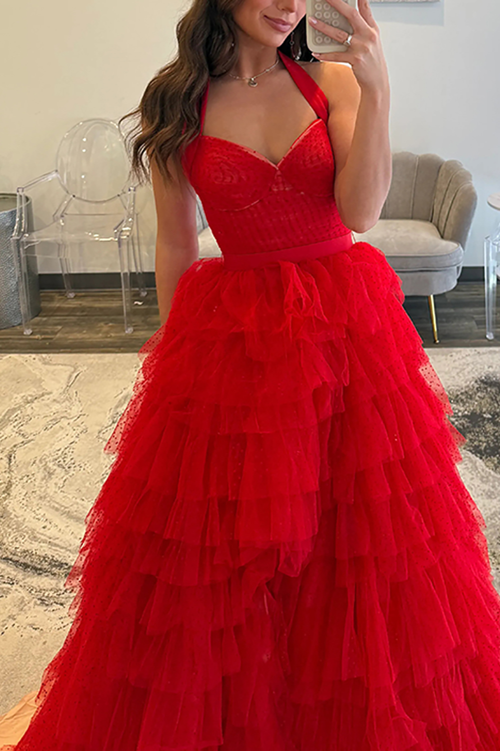 Red A-Line Tiered Polka Dots Halter Long Prom Dress with Slit