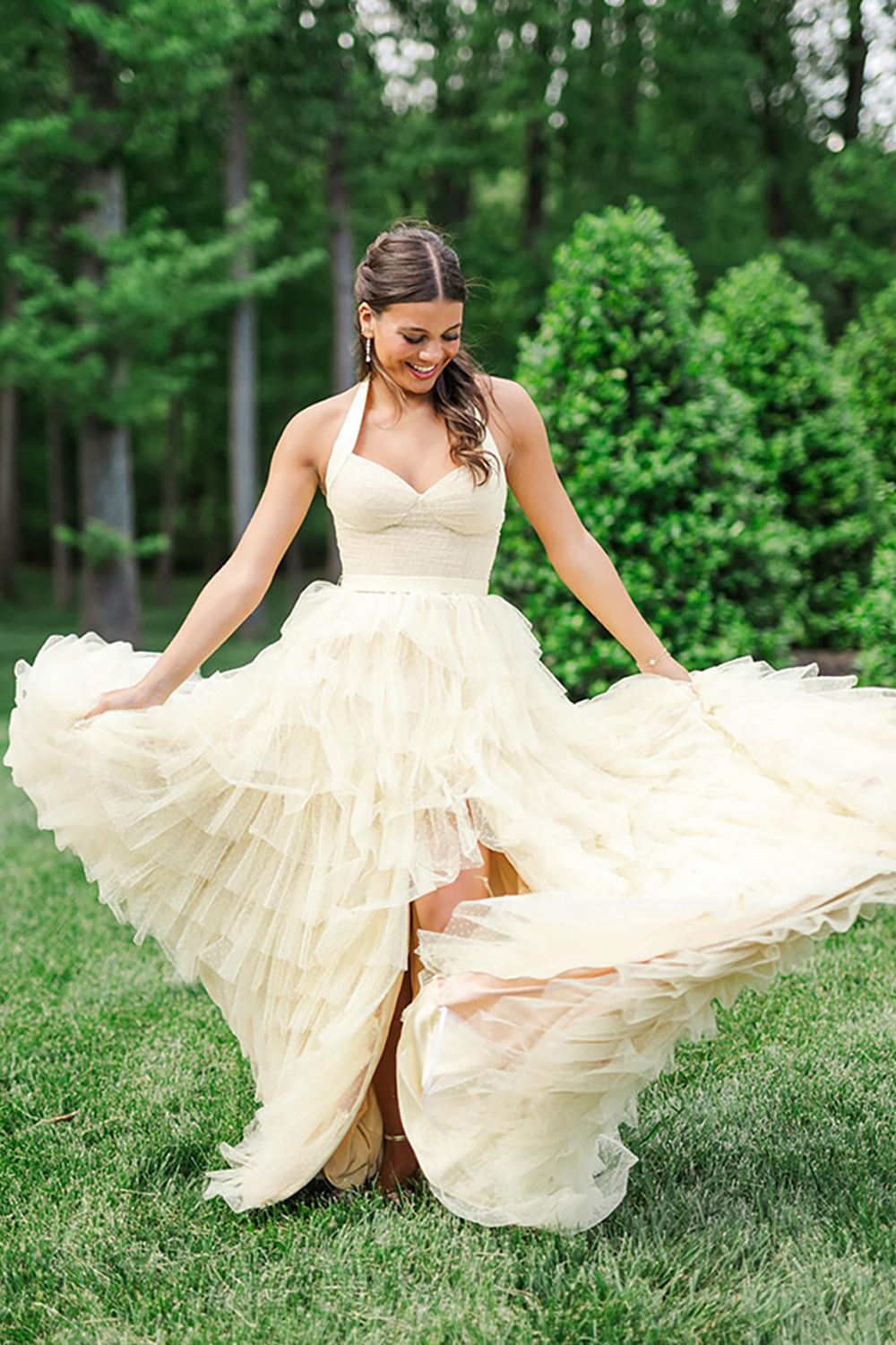 Yellow Ruffled Tiered Polka Dots Halter Long Prom Dress with Slit