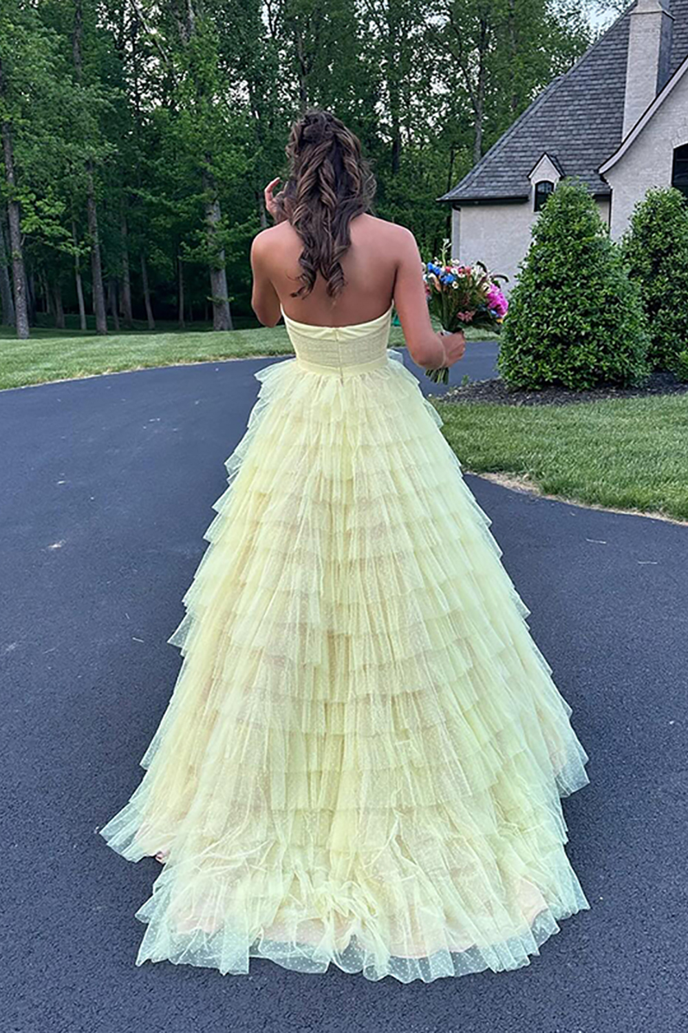 Yellow Ruffled Tiered Polka Dots Halter Long Prom Dress with Slit