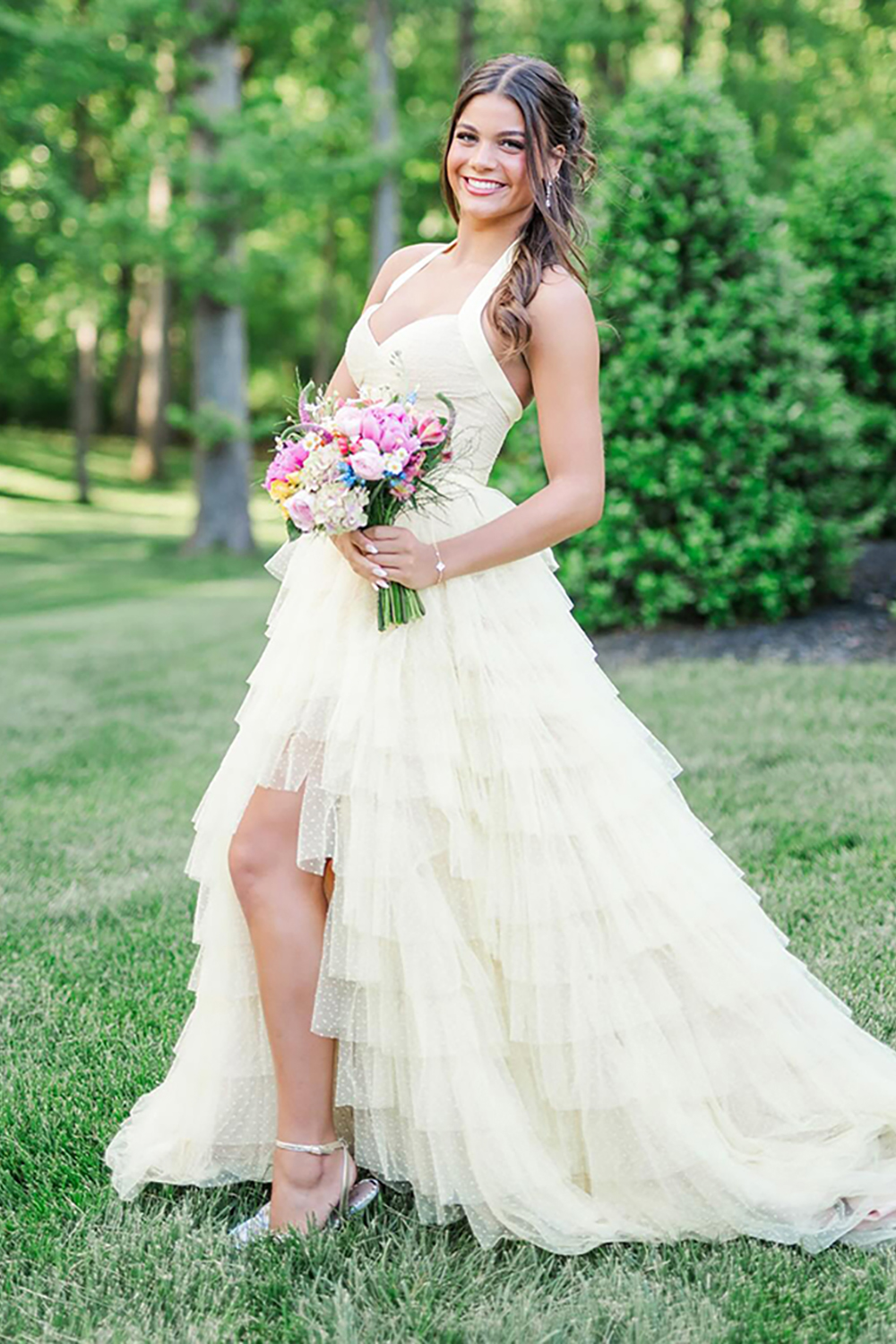 Yellow Ruffled Tiered Polka Dots Halter Long Prom Dress with Slit