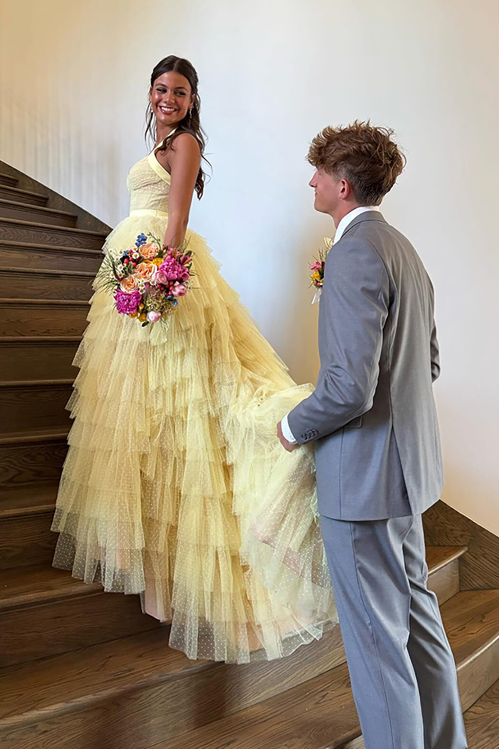 Yellow Ruffled Tiered Polka Dots Halter Long Prom Dress with Slit