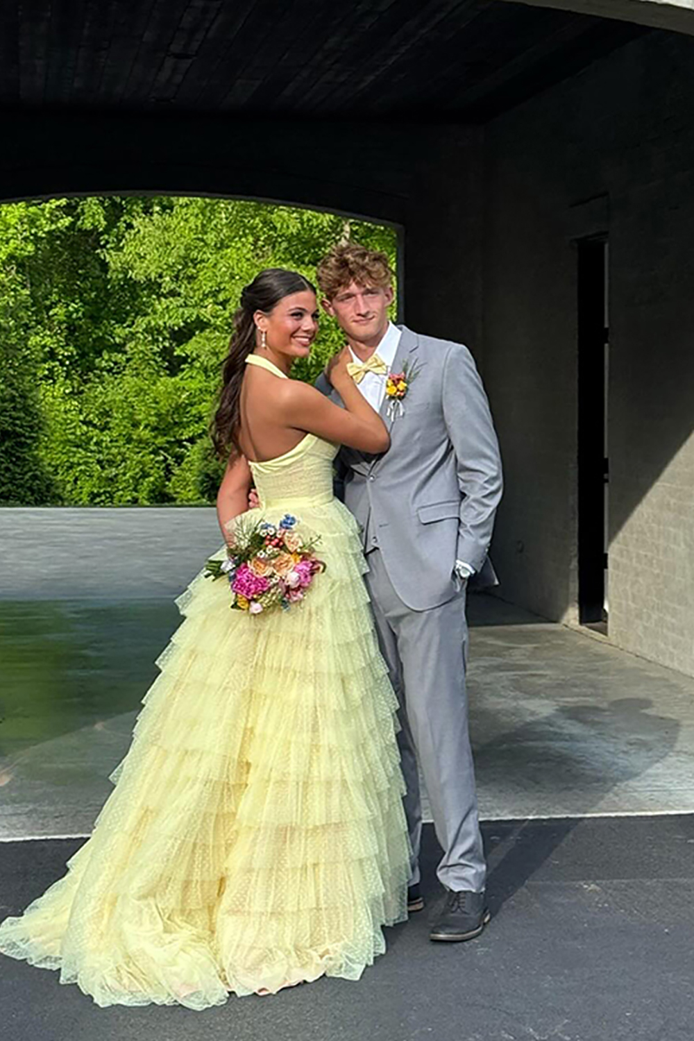 Yellow Ruffled Tiered Polka Dots Halter Long Prom Dress with Slit