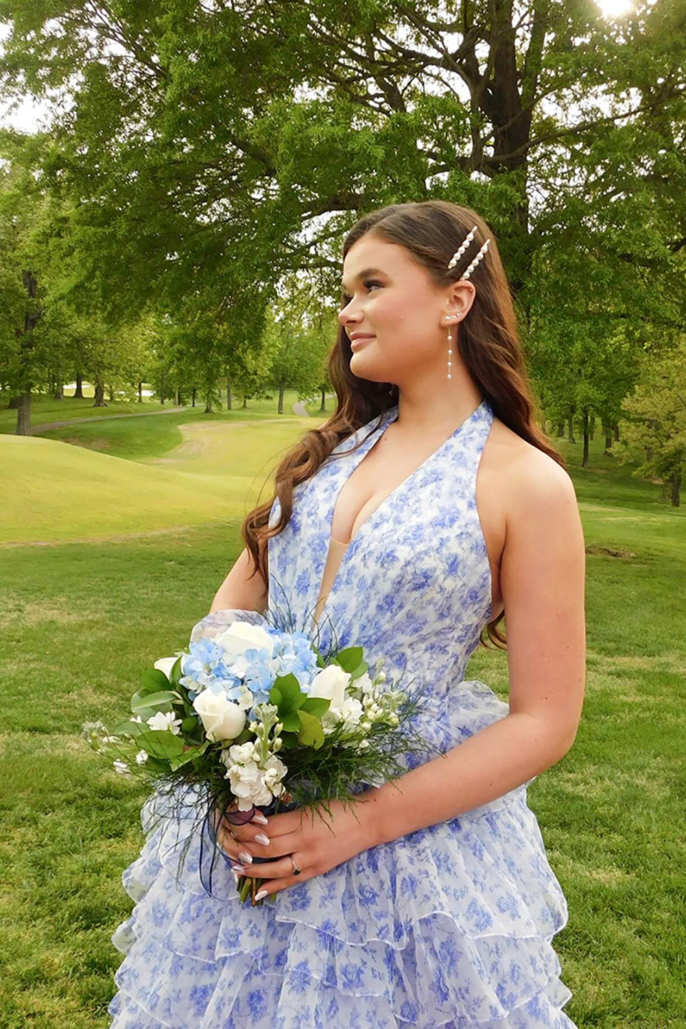 Blue Halter Floral Ball Gown Ruffled Tiered Long Prom Dress with Slit