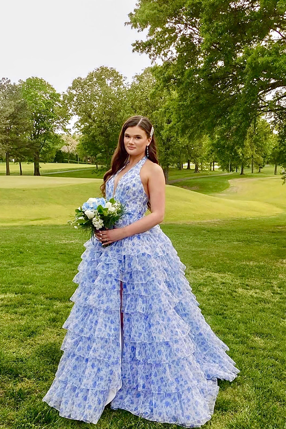 Blue Halter Floral Ball Gown Ruffled Tiered Long Prom Dress with Slit