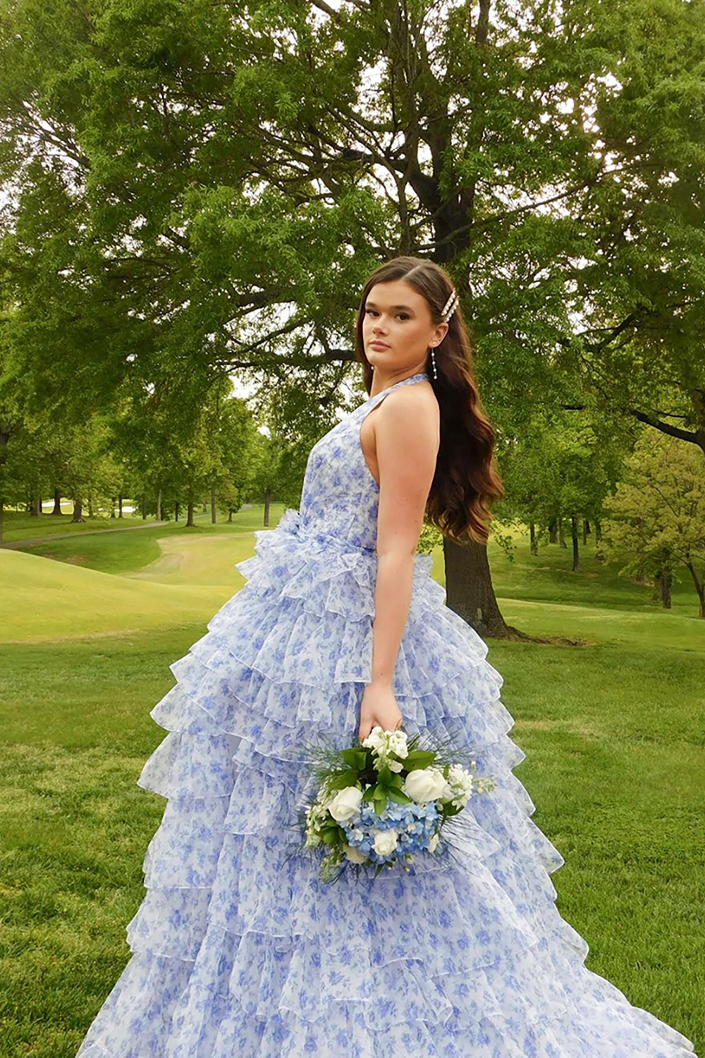 Blue Halter Floral Ball Gown Ruffled Tiered Long Prom Dress with Slit