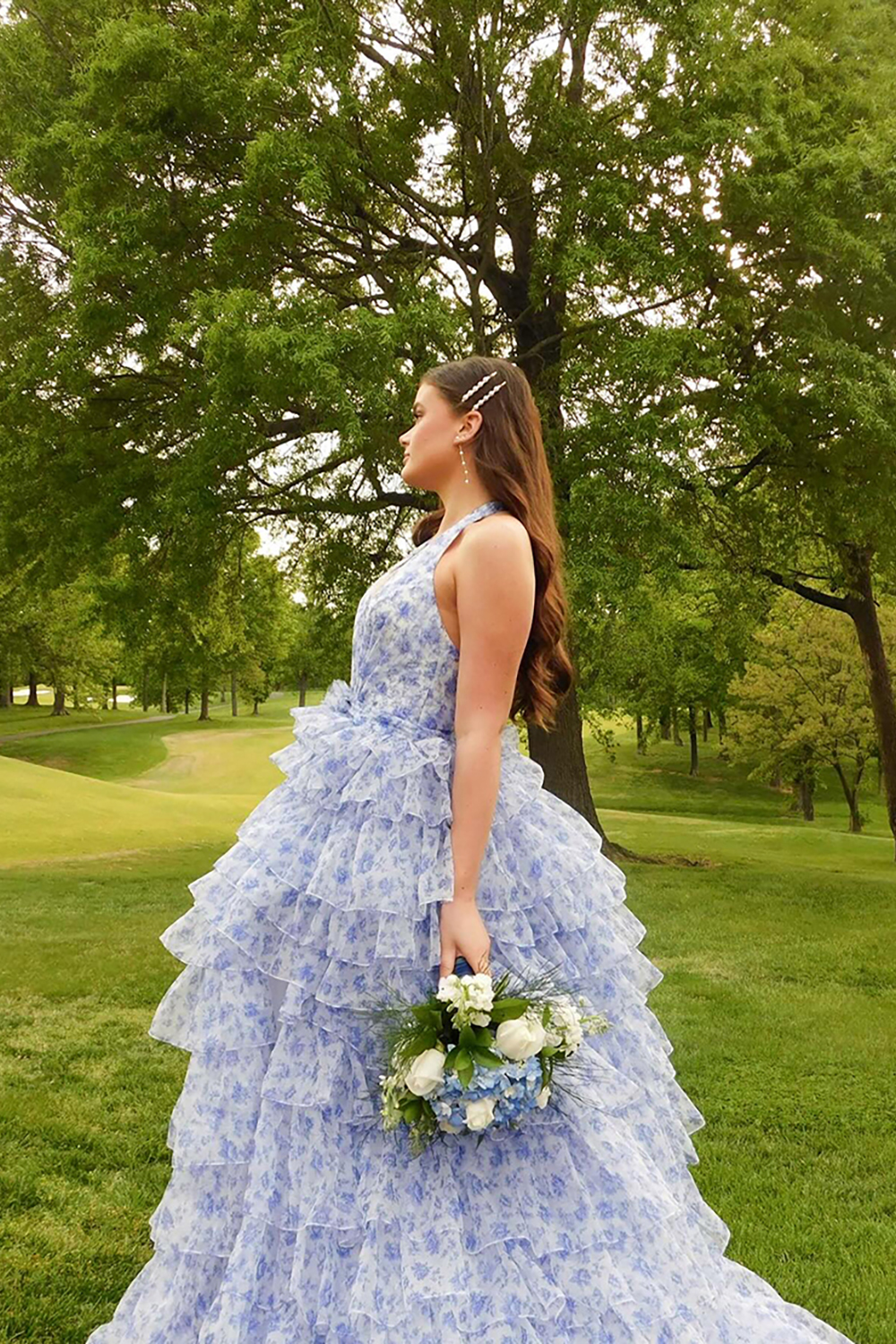 Blue Halter Floral Ball Gown Ruffled Tiered Long Prom Dress with Slit