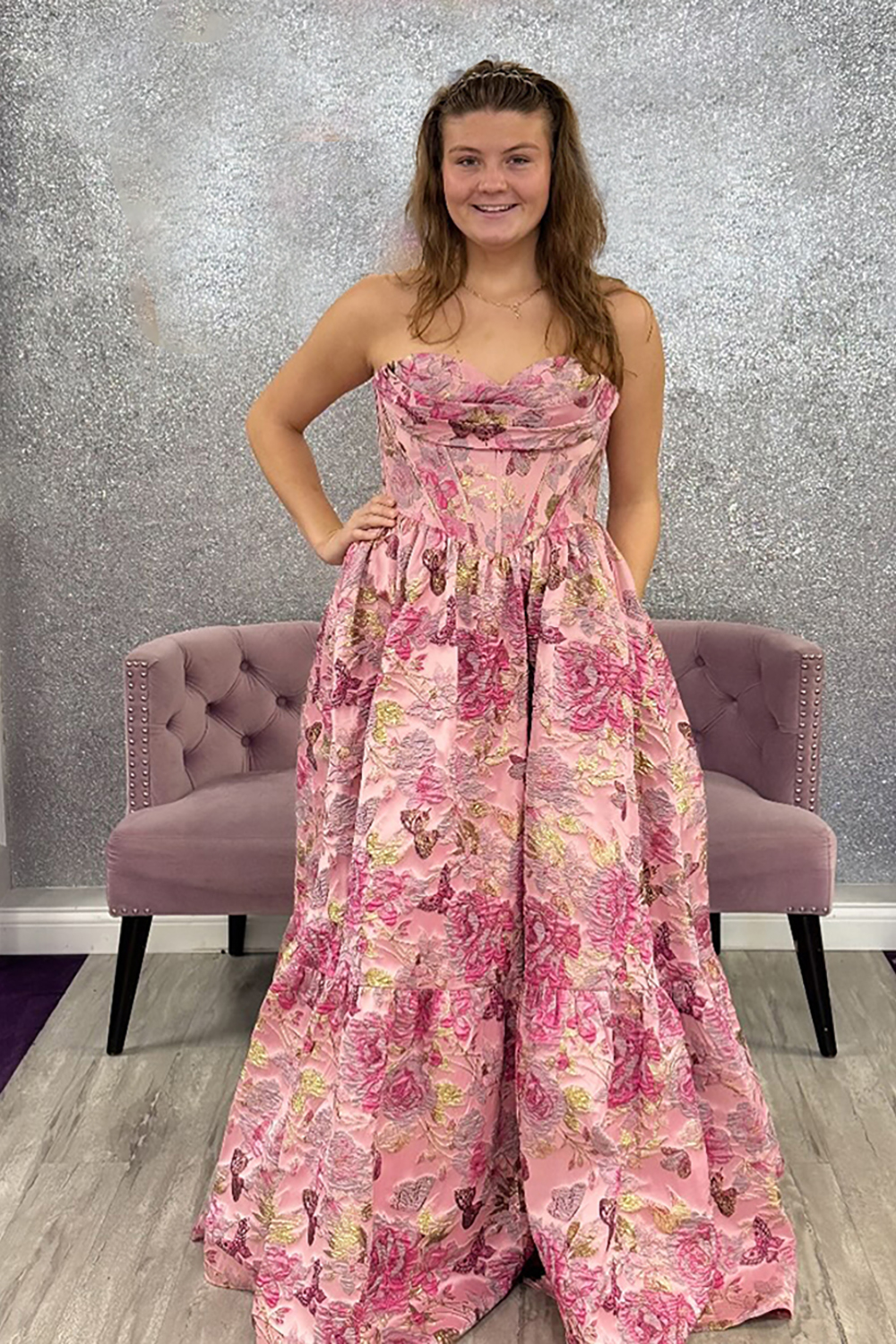 Blush Floral Corset Sweetheart A Line Prom Dress