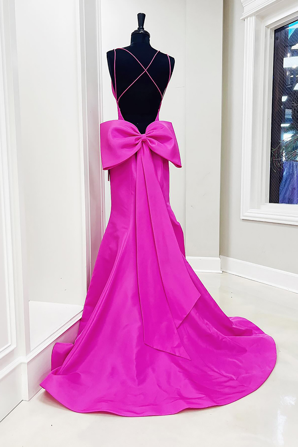 Fuchsia Mermaid Backless Long Prom Dress with Bow