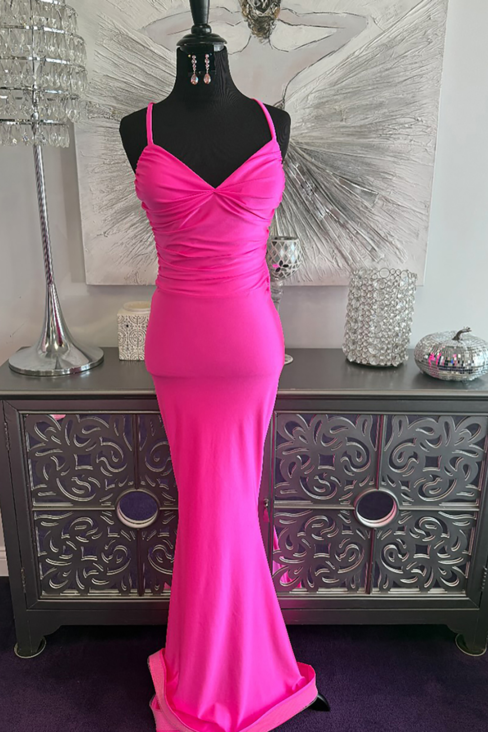 Fuchsia Mermaid Long Ruched Prom Dress with Ruffles