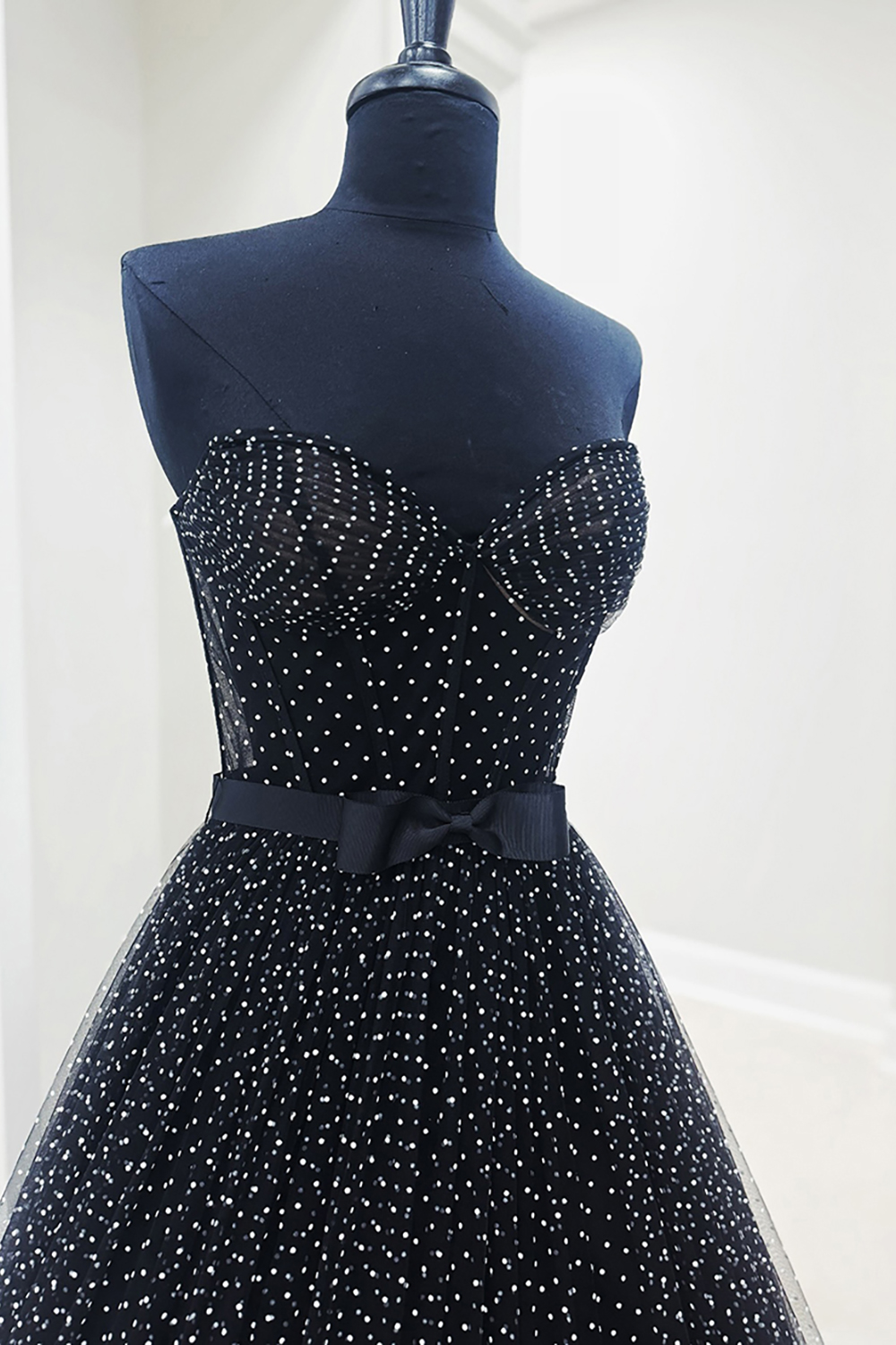 Black and White Dot Long Prom Dress with Ruffles