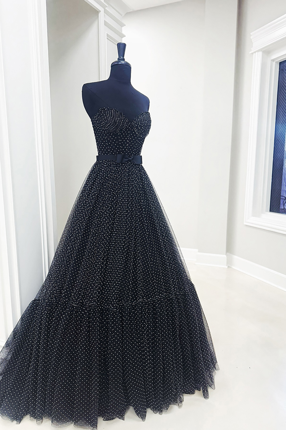 Black and White Dot Long Prom Dress with Ruffles