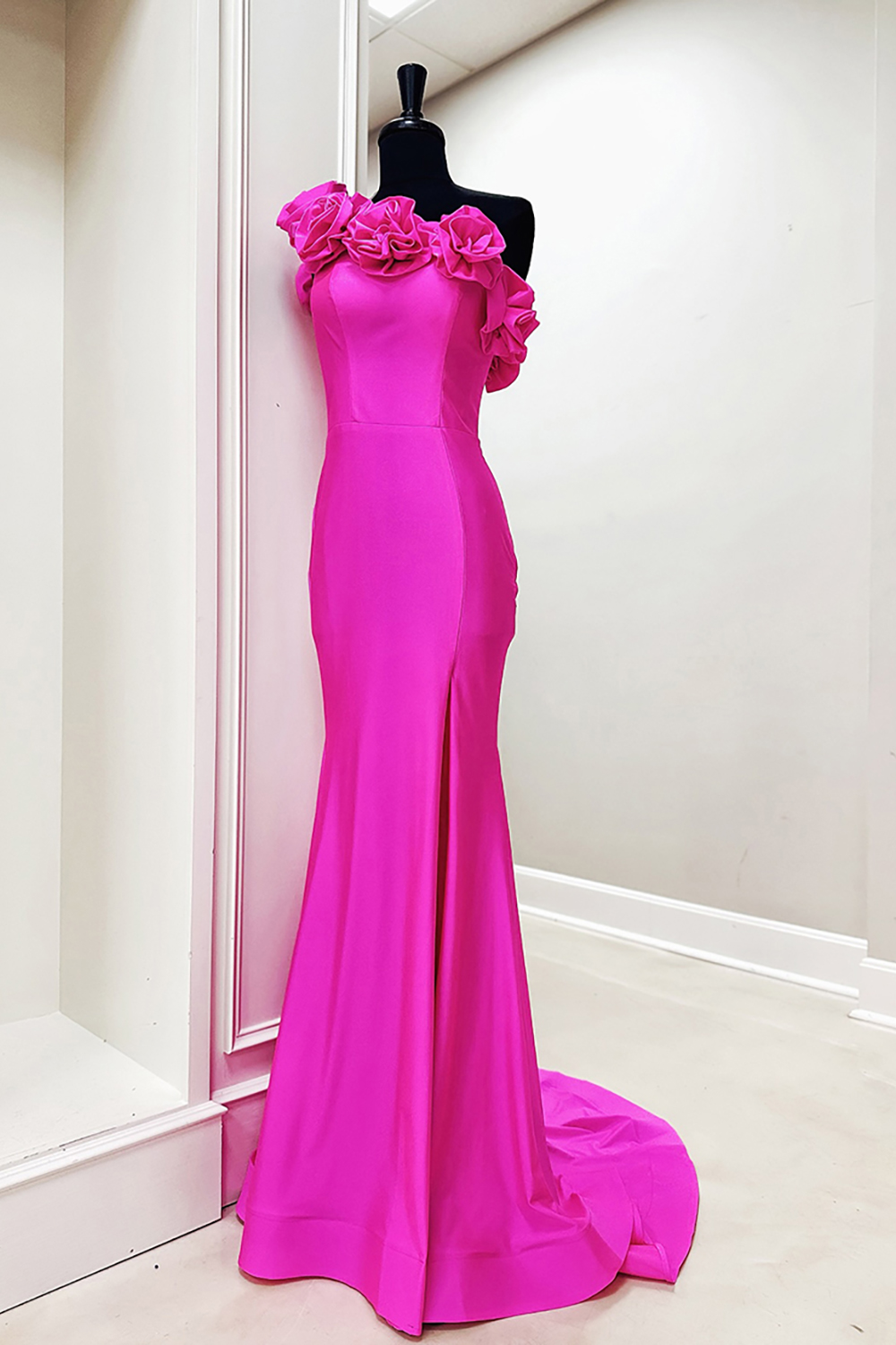 Fuchsia Mermaid Long One Shoulder Prom Dress with 3D Flowers