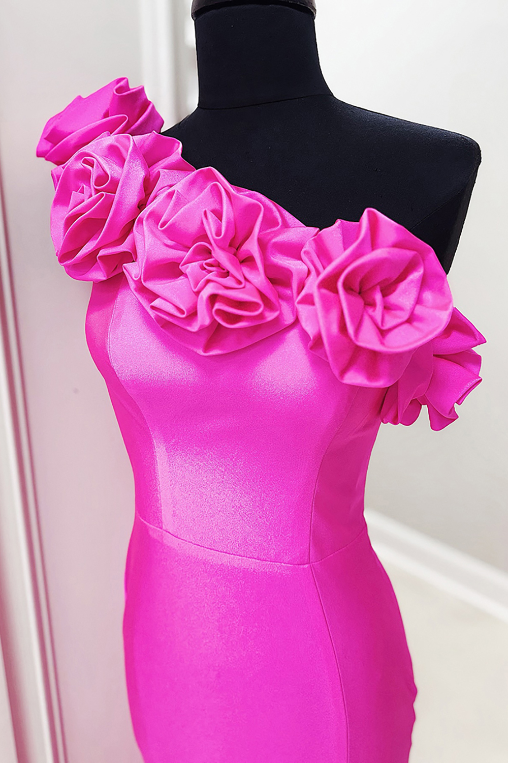 Fuchsia Mermaid Long One Shoulder Prom Dress with 3D Flowers