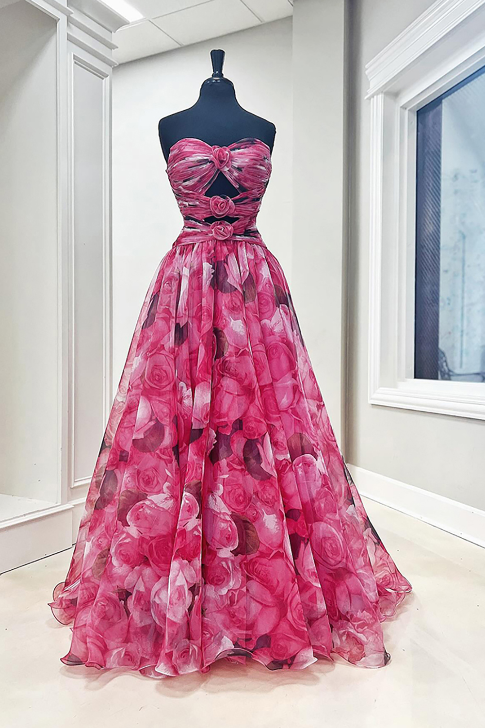 Red Flower Long Strapless A-Line Prom Dress with 3D Flowers