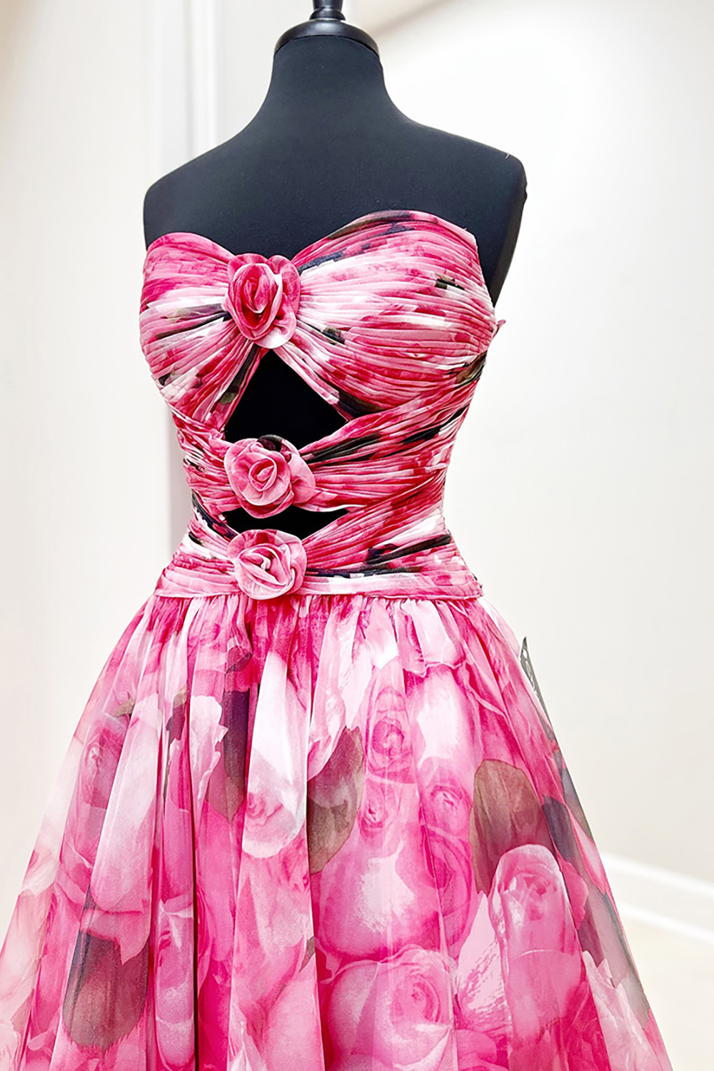 Red Flower Long Strapless A-Line Prom Dress with 3D Flowers