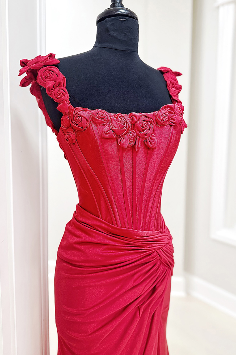 Red Square Neck Flower Corset Mermaid Long Prom Dress with Slit