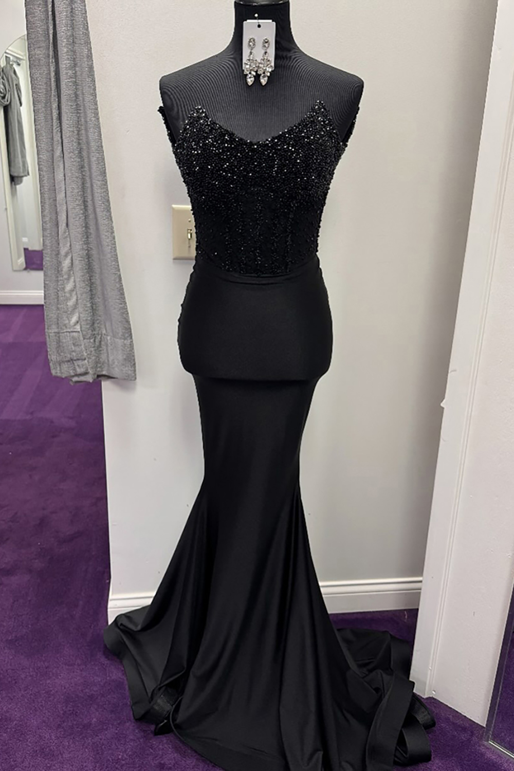 Sparkly Black Mermaid Long Corset Strapless Prom Dress with Beading