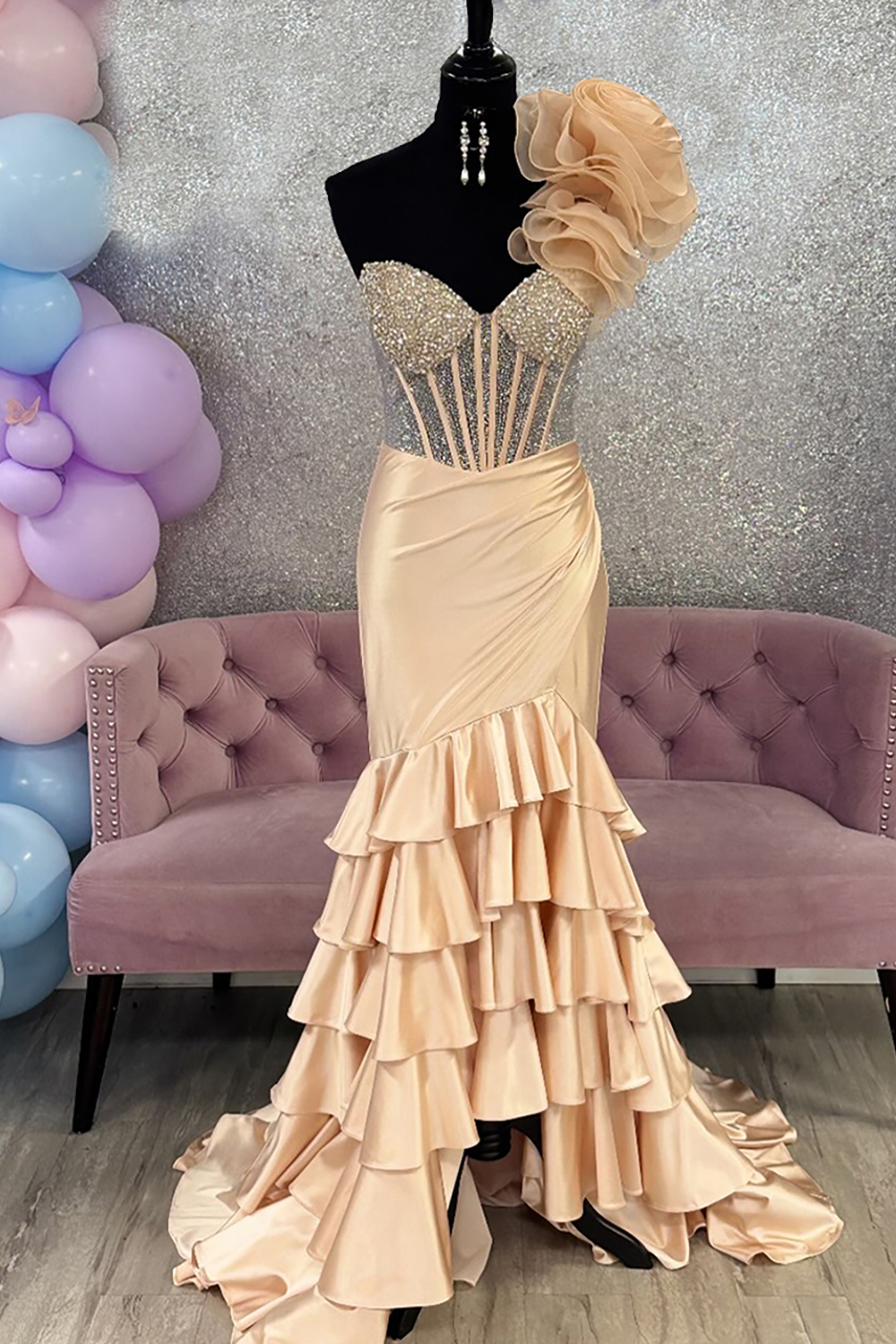 Sparkly Champagne Mermaid Long Corset Strapless Prom Dress with Ruffles