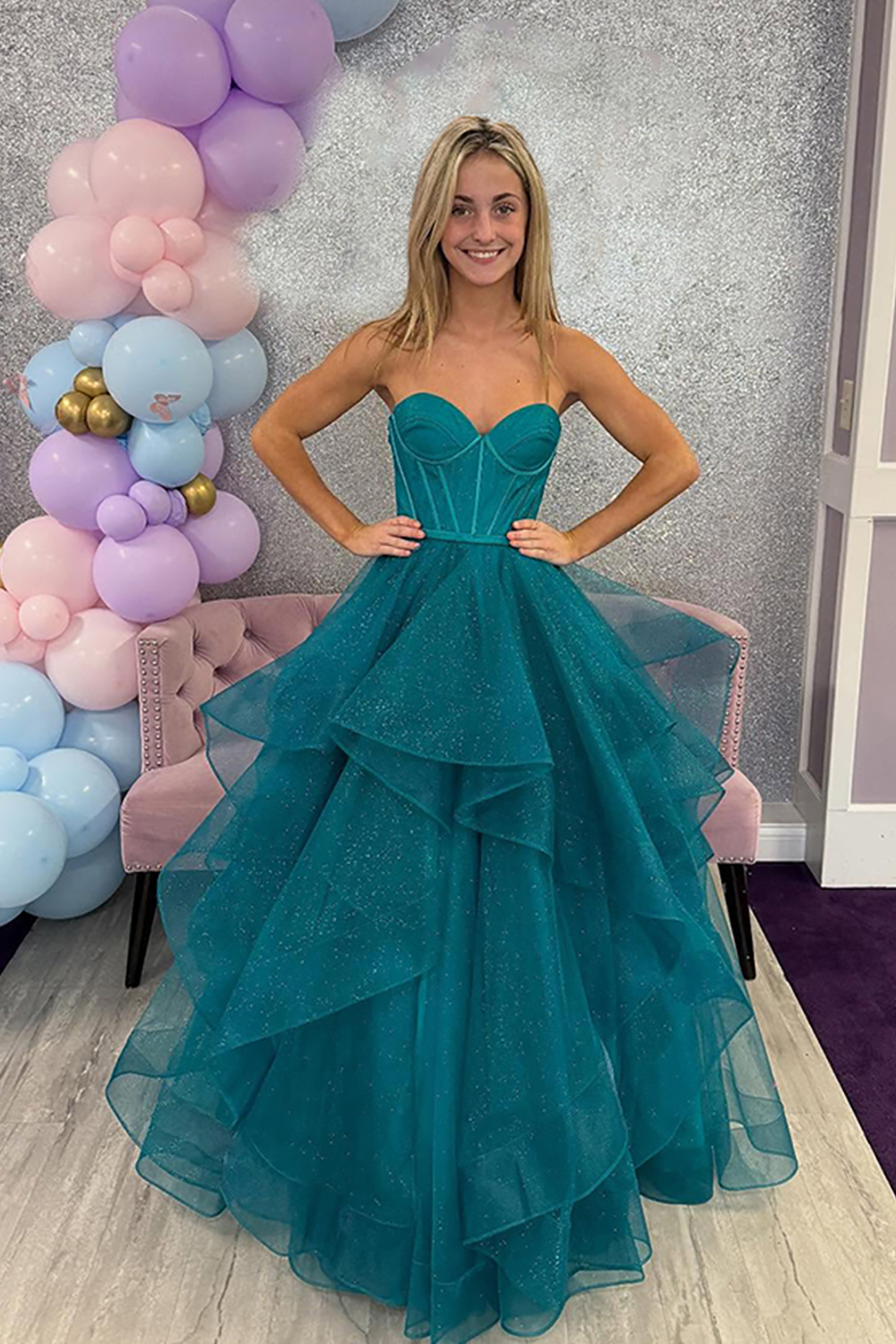 Peacock Green Tiered Princess Corset Strapless Prom Dress with Ruffles