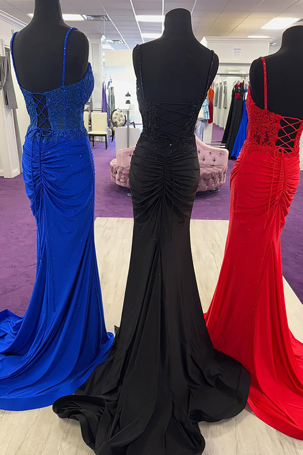 Sparkly Red Satin Beaded Spaghetti Strapless Mermaid Long Prom Dress with Slit