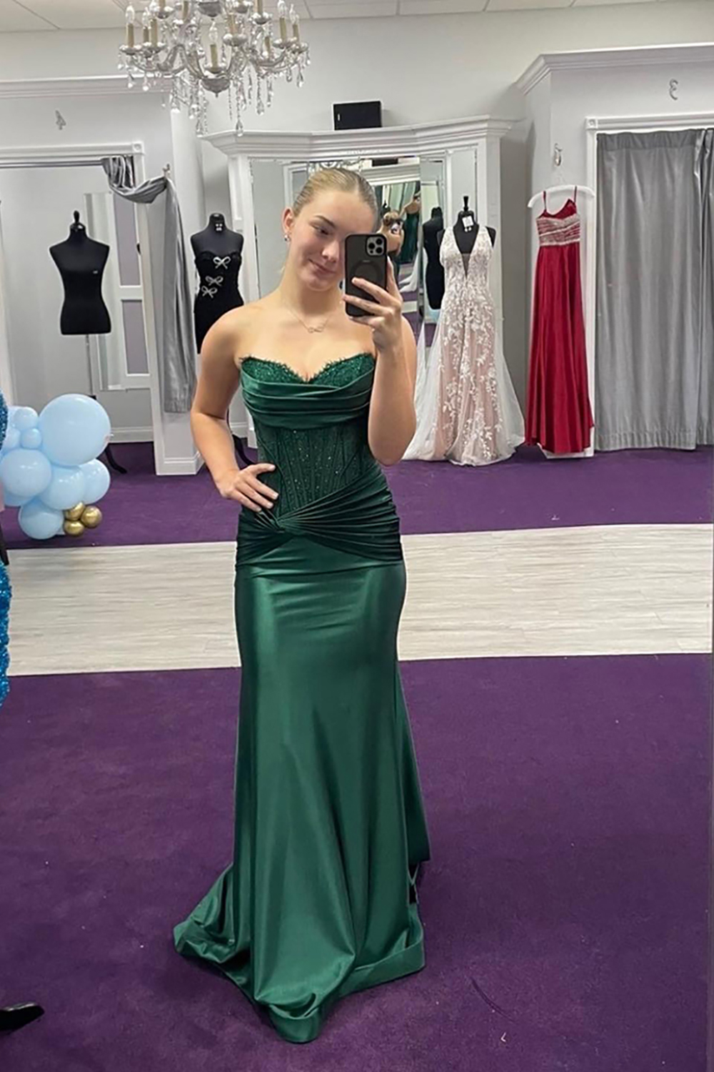 Sparkly Dark Green Satin Strapless Corset Mermaid Long Prom Dress