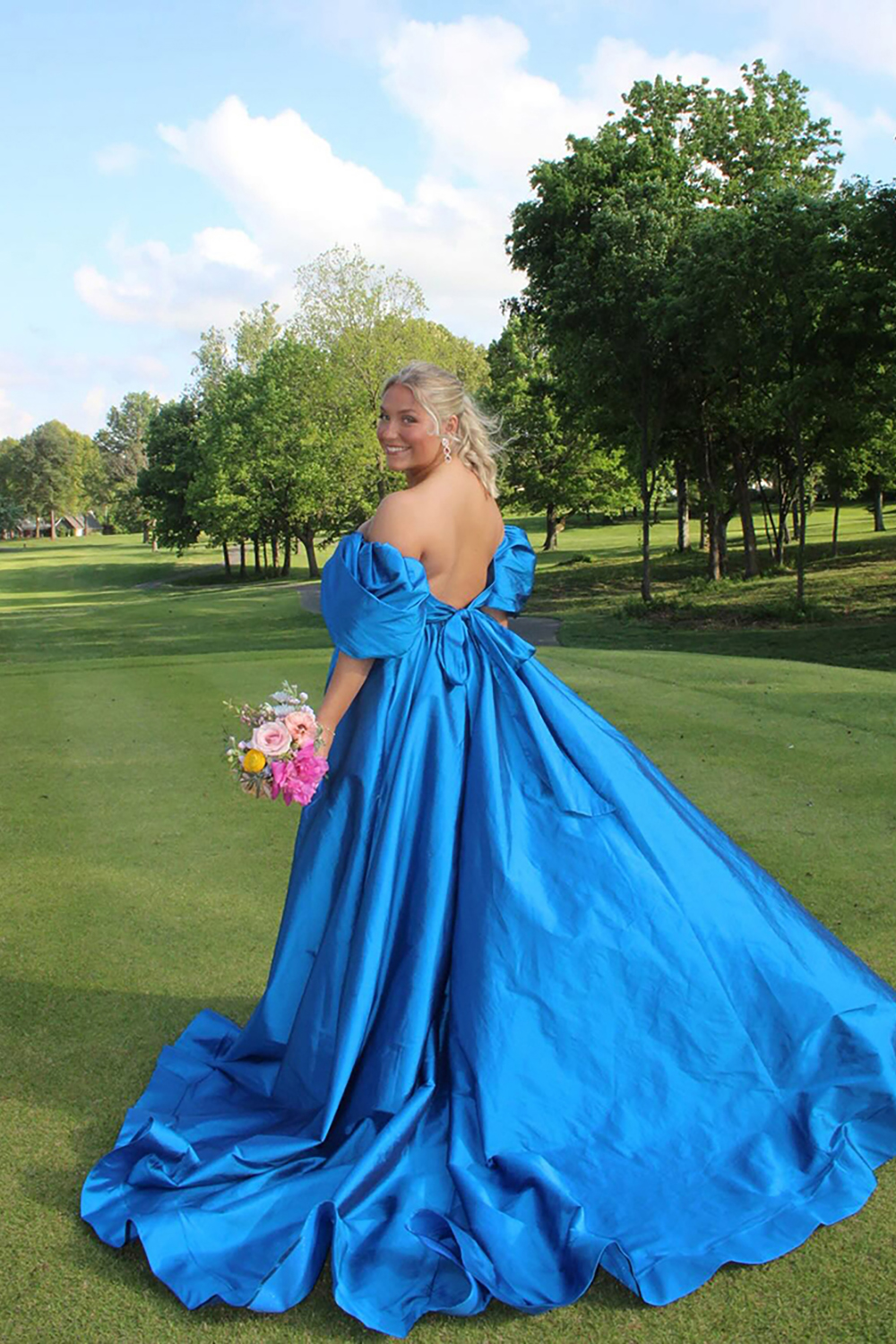Off the Shoulder Royal Blue Ball Gown Long Prom Dress with Slit