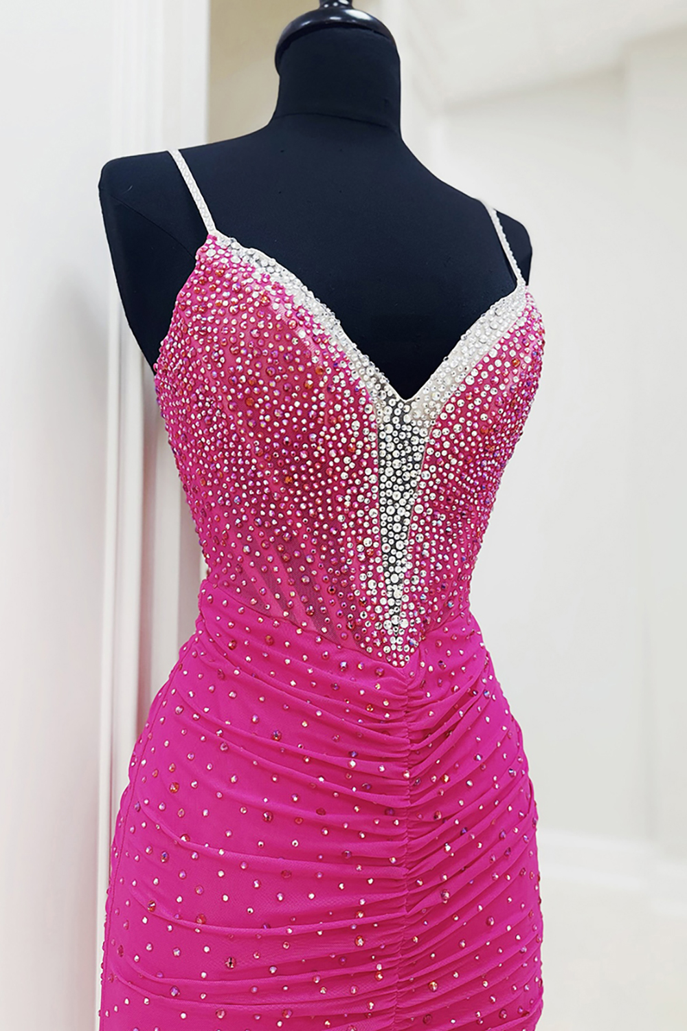 Sparkly Corset V-Neck Fuchsia Beaded Mermaid Long Prom Dress with Slit