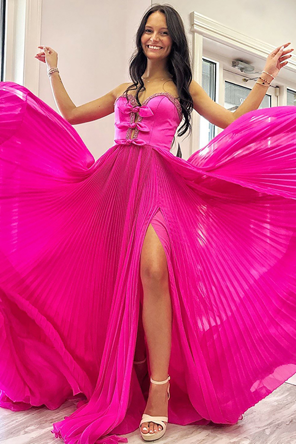 Sparkly Fuchsia Sweetheart Corset Pleated Long Prom Dress with Bows