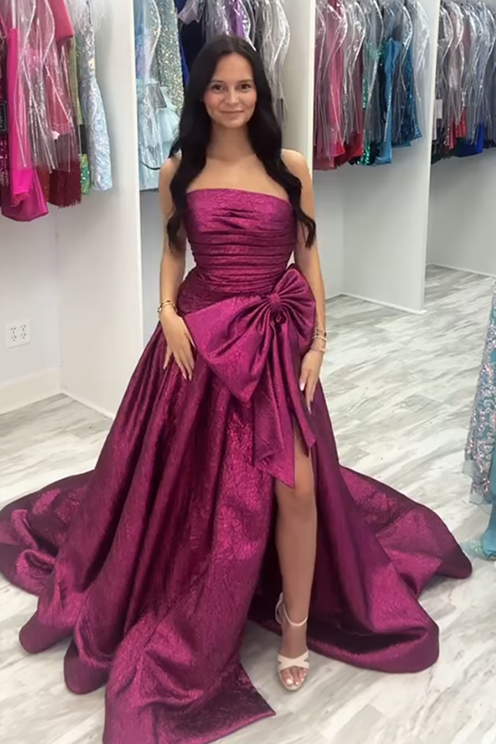 Fuchsia Metallic Strapless Ruched A-Line Long Prom Dress with Bow
