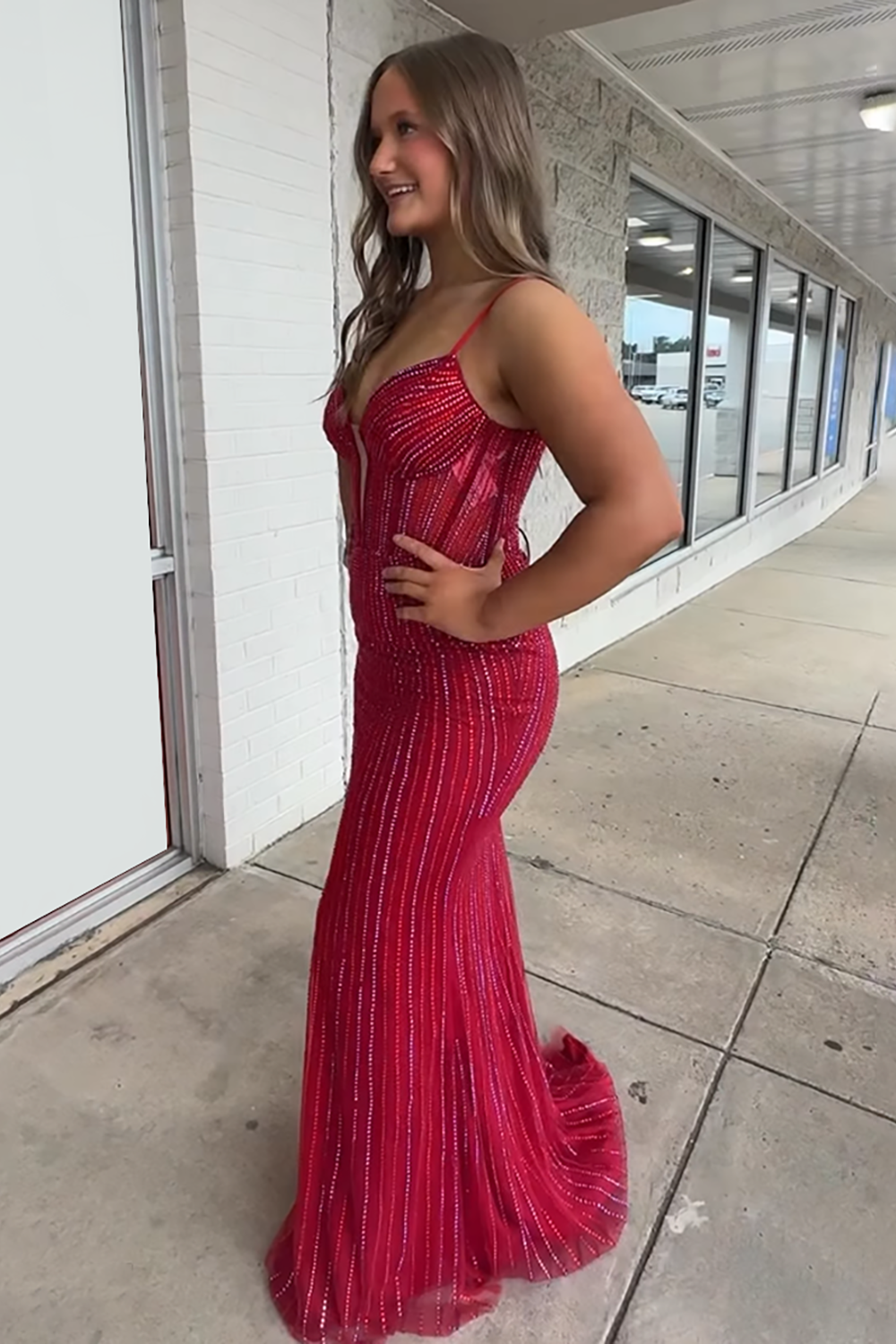 Sparkly Red Beaded Mermaid Spaghetti Straps Long Prom Dress